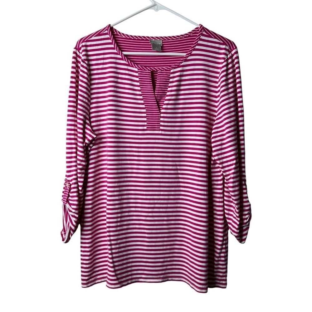 Chicos Pink Striped Split Neck 3/4 Sleeve Blouse 2
